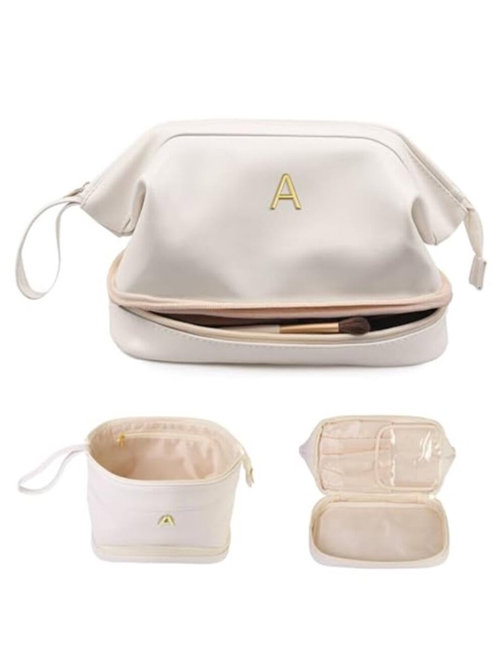 Large Travel Makeup Bag PU Leather Cosmetic Organizer Toiletry Brush Holder
